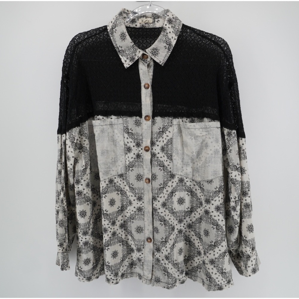 POL Paisley Bandana Lace Panel Button Down Shirt Black White S